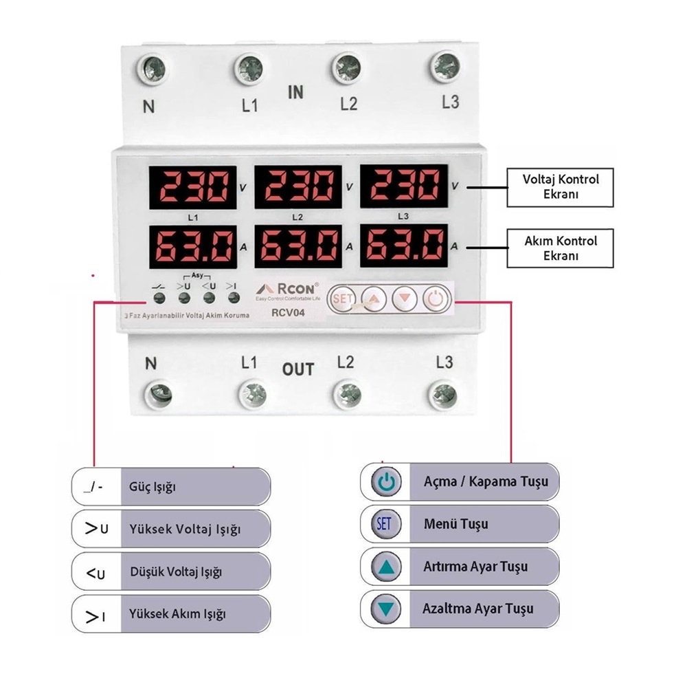 Rcon%20Rcv%2004%20Ray%20Tipi%20Trifaze%20Akım%20Koruyucu%20Voltaj%20%20Koruyucu%2063%20A%20Sigorta